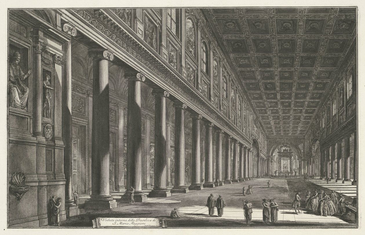 Interieur van de Santa Maria Maggiore te Rome
Vista interior da Basílica de Santa Maria Maior (título sobre o objecto)
Gezichten op Rome (título da série)
Vistas de Roma desenhadas e gravadas pelo arquitecto Giambattista Piranesi Ve(nez)iano (título da  de Giovanni Battista Piranesi