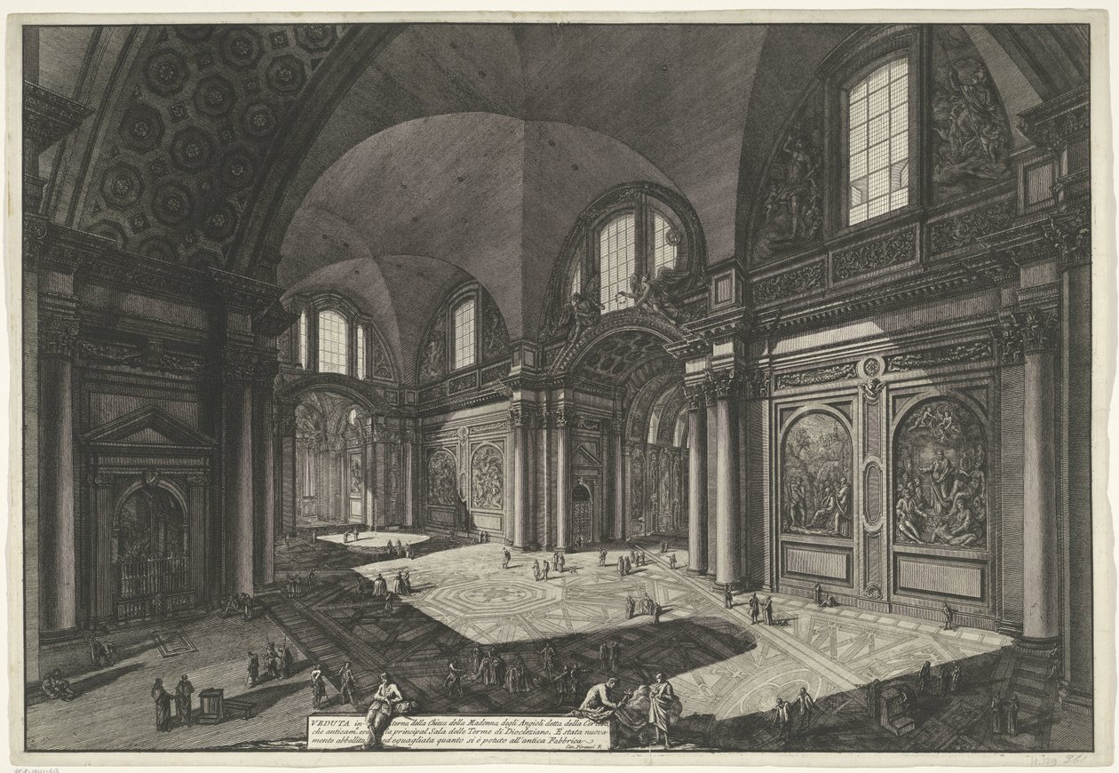 Interieur van de Santa Maria degli Angeli e dei Martiri te Rome
Vista interior da Igreja de Nossa Senhora dos Anjos do Mosteiro de Carthusian, que era o salão principal das Termas de Diocleciano (título sobre o objecto)
Gezichten op Rome (título da série de Giovanni Battista Piranesi