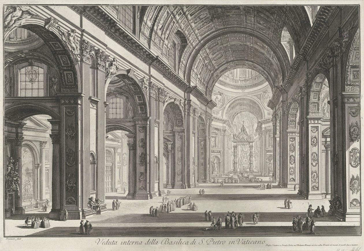 Interieur van de Sint-Pietersbasiliek te Vaticaanstad
Vista interior da Basílica de São Pedro no Vaticano (título sobre o objecto)
Gezichten op Rome (título da série)
Vistas de Roma desenhadas e gravadas pelo arquitecto Giambattista Piranesi Ve(nez)iano de Giovanni Battista Piranesi