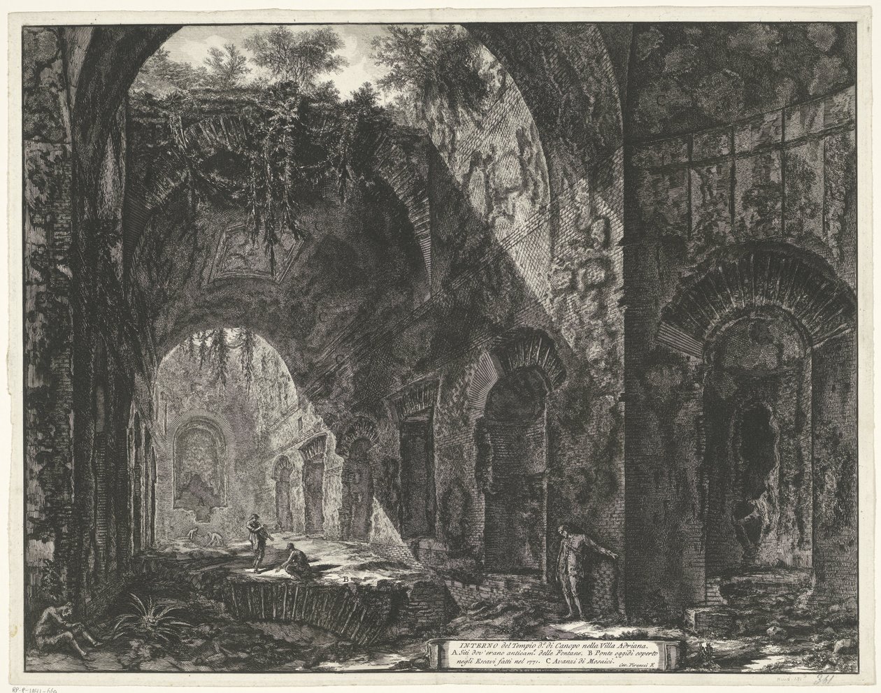 Interieur van de Tempel van de deus Canopus in de Villa Adriana te Tivoli
Interior do Templo de Canopus, na Villa Adriana (título sobre o objecto)
Gezichten op Rome (título da série)
Vistas de Roma desenhadas e gravadas pelo arquitecto Giambattista Pira de Giovanni Battista Piranesi