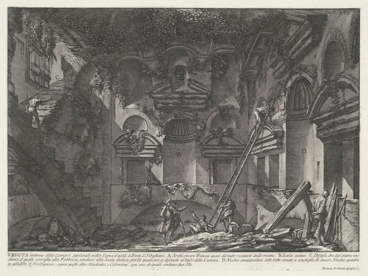 Interieur van graftombe bij Vigna Casali
Vista interior da câmara funerária da Vigna Casali na Porta S. Sebastiano (título sobre o objecto)
Archeologische vondsten in en rond Rome (título da série)
As Antiguidades Romanas (título da série) de Giovanni Battista Piranesi