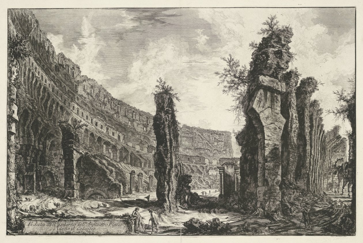 Interieur van het Colosseum te Rome
Vista do interior do Anfiteatro Flamengo conhecido como o Coliseu (título sobre o objecto)
Gezichten op Rome (título da série)
Vistas de Roma desenhadas e gravadas pelo arquitecto Giambattista Piranesi Ve(nez)iano (tí de Giovanni Battista Piranesi