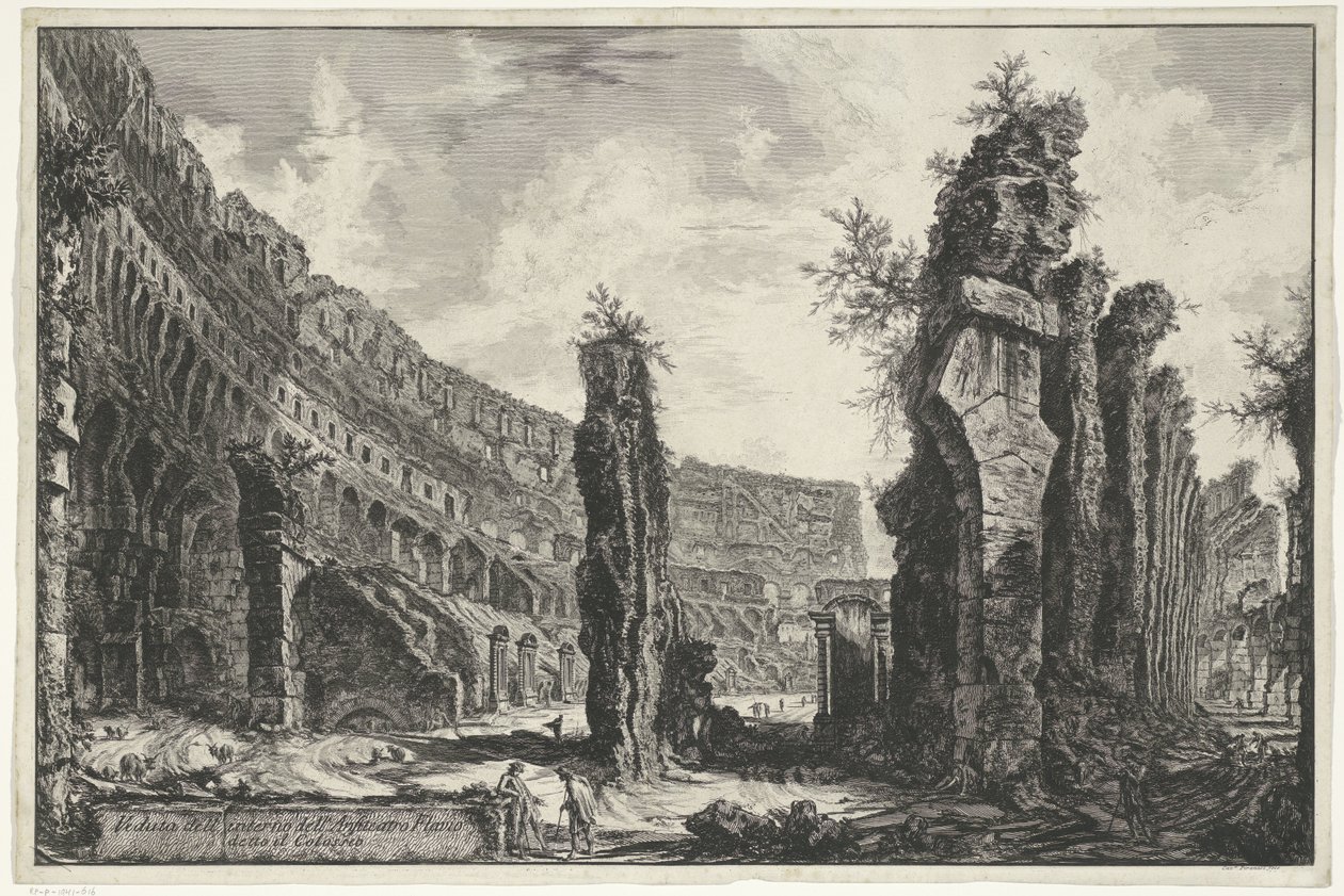 Interieur van het Colosseum te Rome
Vista do interior do Anfiteatro Flamengo conhecido como o Coliseu (título sobre o objecto)
Gezichten op Rome (título da série)
Vistas de Roma desenhadas e gravadas pelo arquitecto Giambattista Piranesi Ve(nez)iano (tí de Giovanni Battista Piranesi