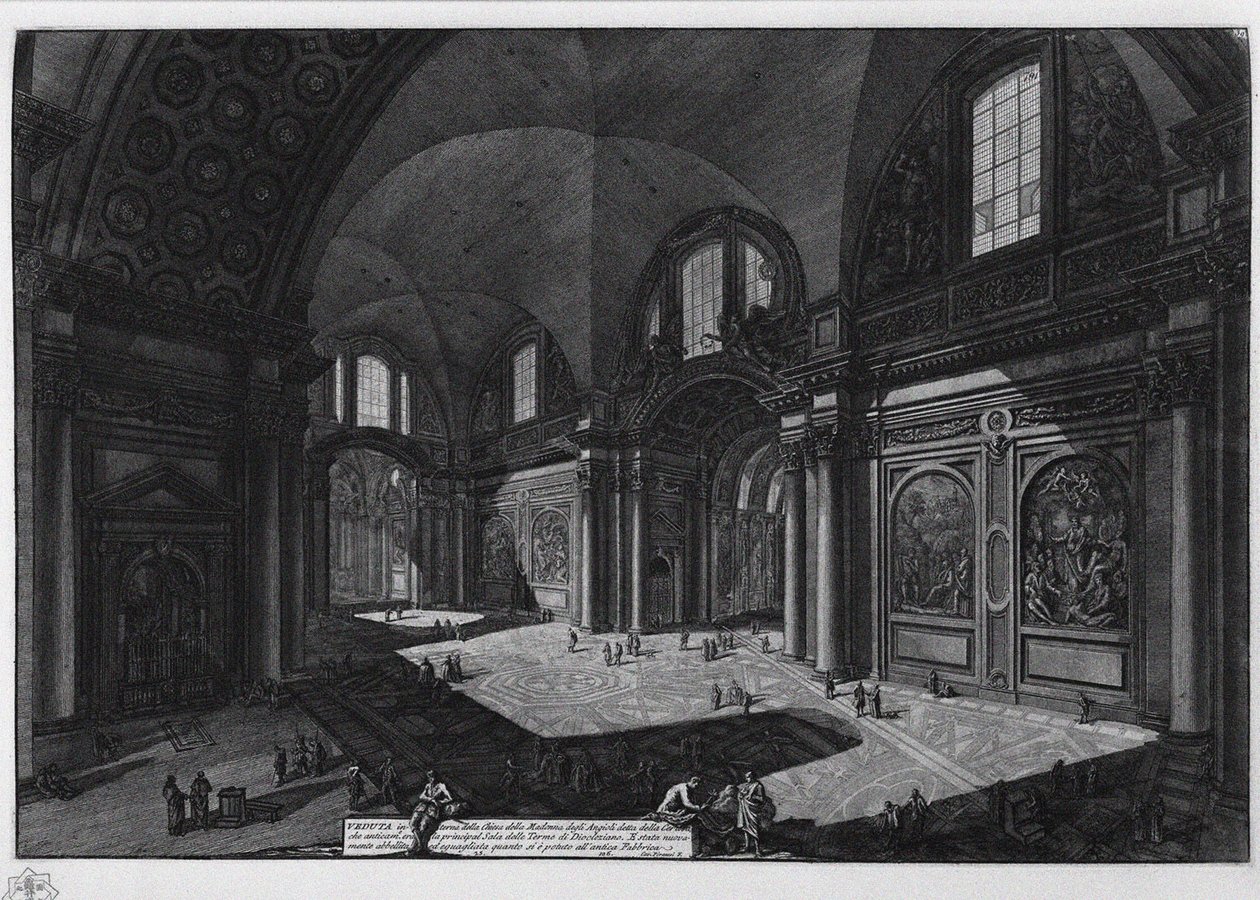 Interior da basílica de Santa Maria degli Angeli, ex-banhos de Diocleciano, entre 1765 e 1775 de Giovanni Battista Piranesi