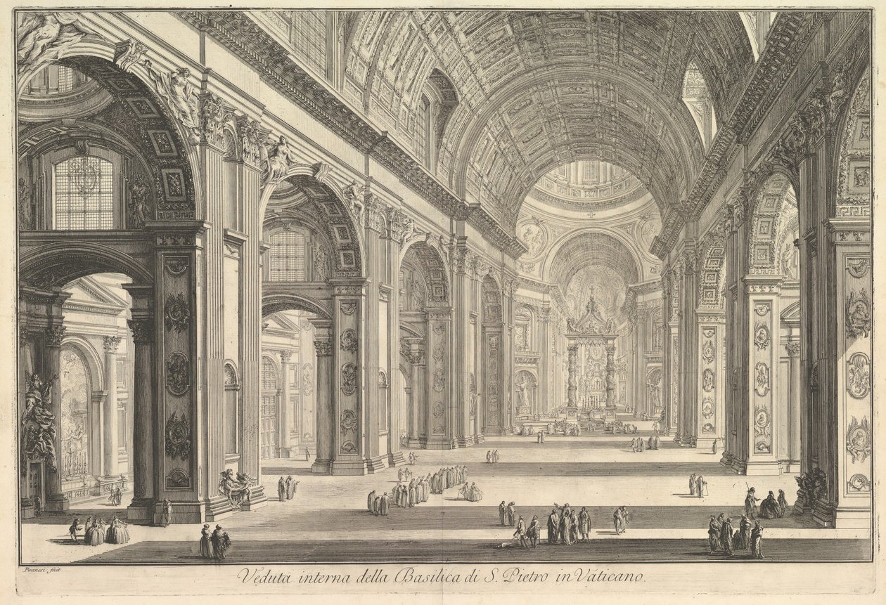 Vista interior da Basílica de São Pedro no Vaticano, de Vedute di Roma Roman Views, ca. 1748 de Giovanni Battista Piranesi
