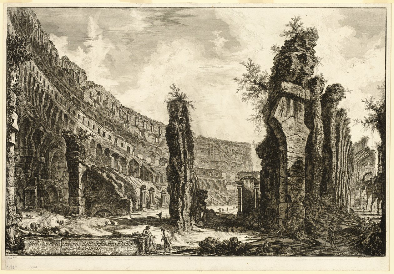 Vista interior do Anfiteatro Flaviano, chamado Coliseu, de Vistas de Roma de Giovanni Battista Piranesi