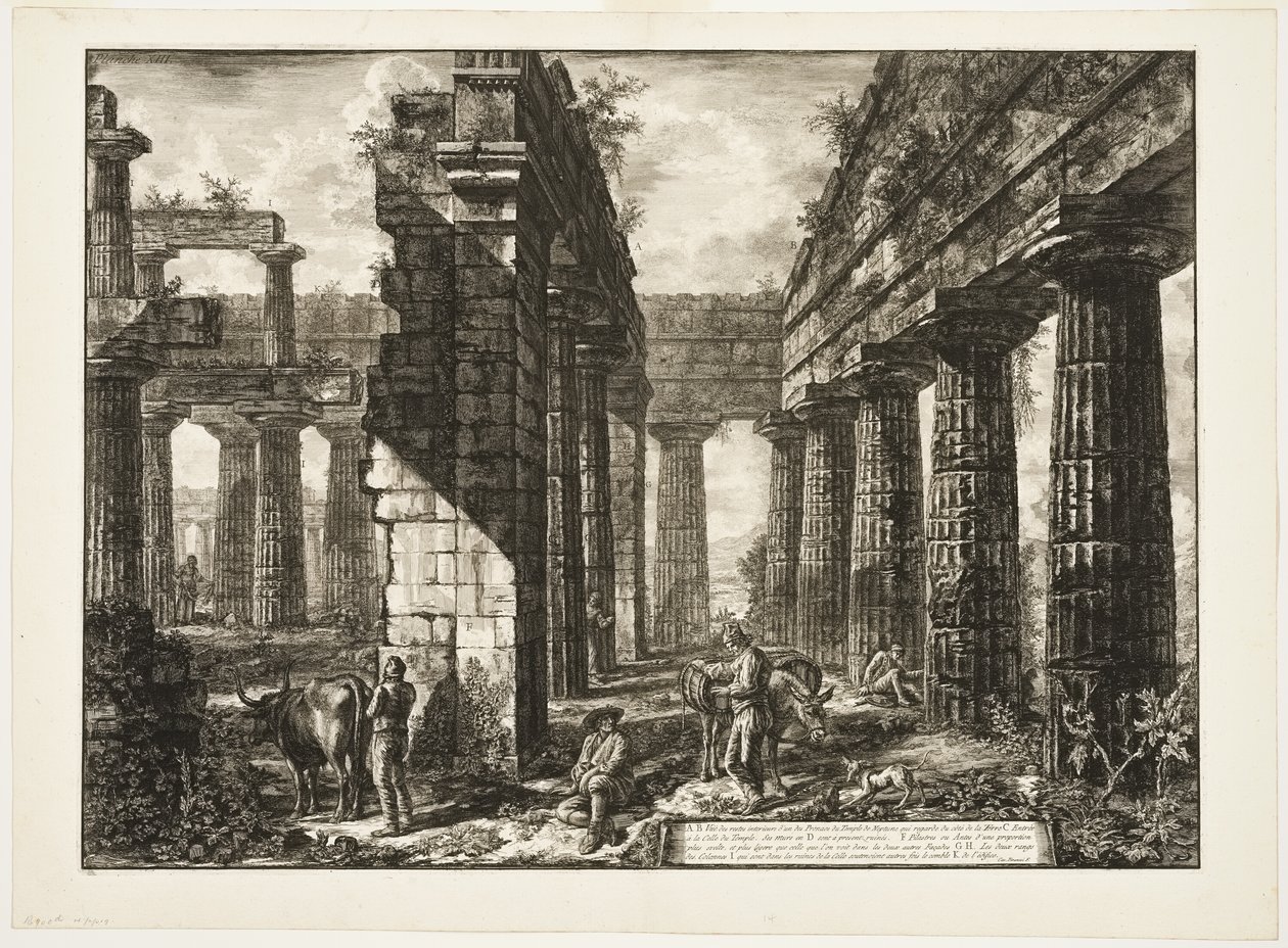 Vista interior dos restos de um dos pronaoi do Templo de Netuno que enfrenta o interior, de diferentes vistas de Paestum de Giovanni Battista Piranesi