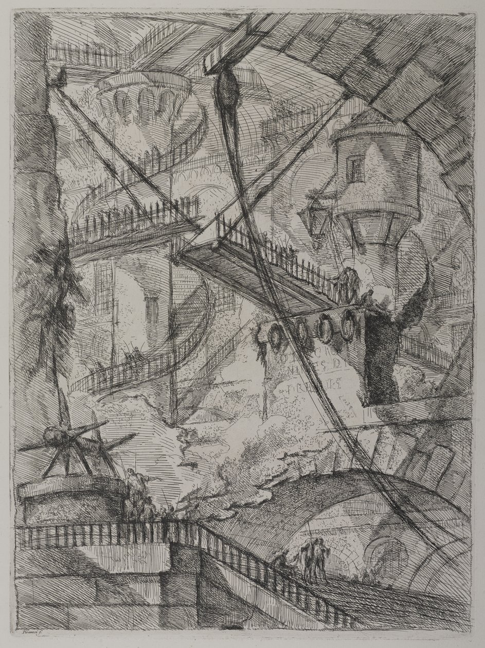 Invenzioni Capric di Carceri; Hind 7, First State of Three, c. 1749 (gravura sobre papel avergoado) de Giovanni Battista Piranesi
