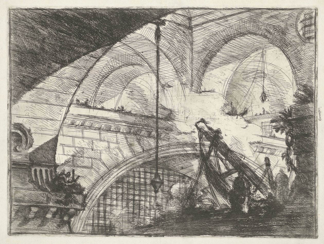 Calabouço com instalação elevatória Arco com enfeite de concha Dungeons (título da série) Invenzioni Capric di Carceri all Acqua Forte (título da série) de Giovanni Battista Piranesi