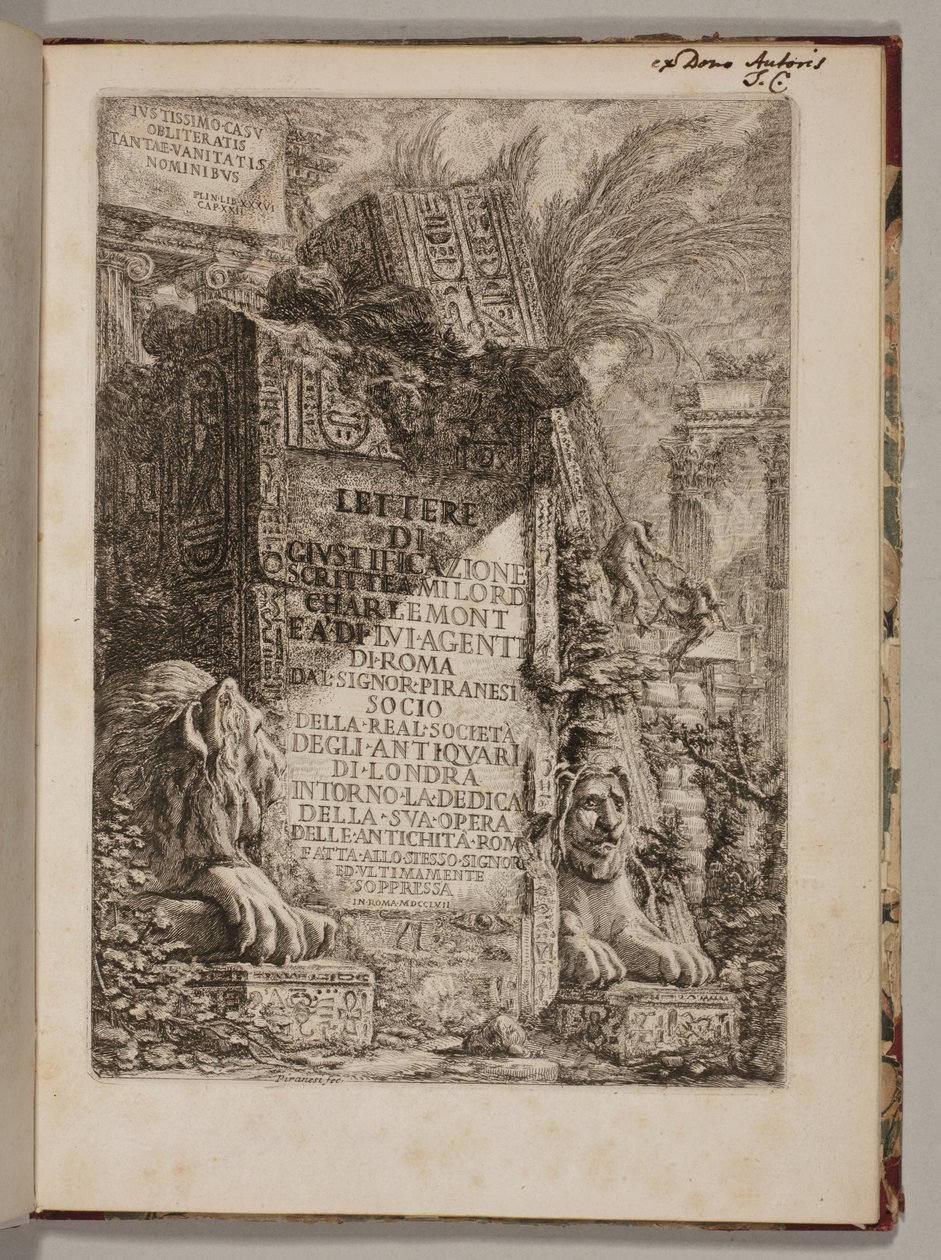 Cartas de justificação escritas para Milord Charlemont e seus agentes em Roma ... em torno da dedicação de seu trabalho em Antiguidades Rom [ane] feitas ao mesmo cavalheiro e recentemente suprimidas de Giovanni Battista Piranesi