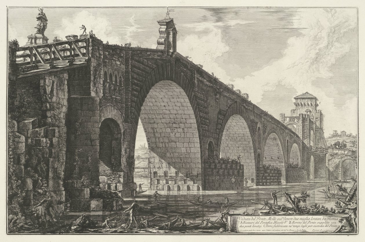 Milvische brug te Roma Vista da Ponte Molle sobre o Tibre a duas milhas de Roma (título no objeto) Gezichten op Rome (título da série) Vistas de Roma projetadas e gravadas pelo arquiteto Giambattista Piranesi Ve (nez) iano (título da série) de Giovanni Battista Piranesi