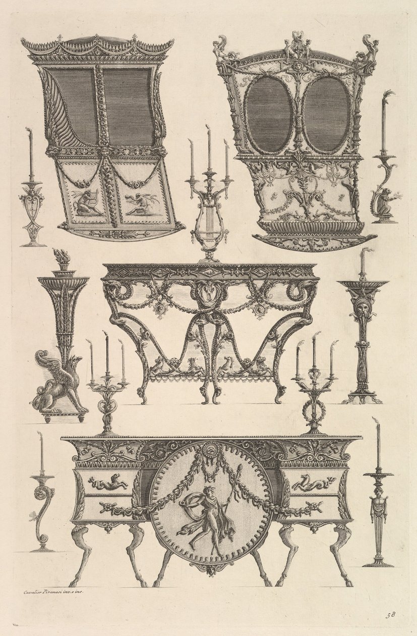 Móveis diversos, incluindo duas cadeiras de sedan, uma mesa lateral e uma cômoda Deux c ..., ca. 1769 de Giovanni Battista Piranesi