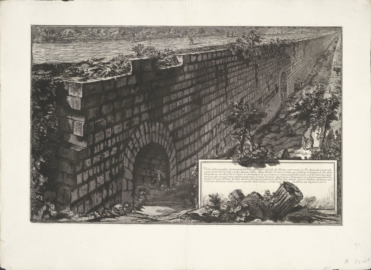 Muurconstructie Vista da magnífica Substrução construída para suportar a encosta do Monte, e para tornar a Via Appia mais confortável e menos inclinada entre o vale e as duas colinas opostas (...) (título no objeto) Archaeologische vondsten uit Albano en C de Giovanni Battista Piranesi
