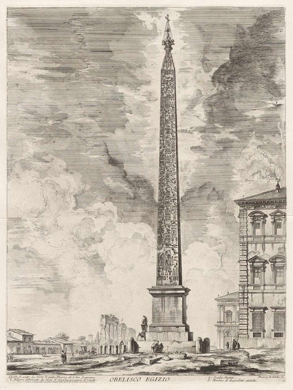 Obelisco egípcio. Este foi erigido pelo papa Sisto V na Piazza di S. Gio. Laterano, de Vedute di Roma (Vistas de Roma) de Giovanni Battista Piranesi