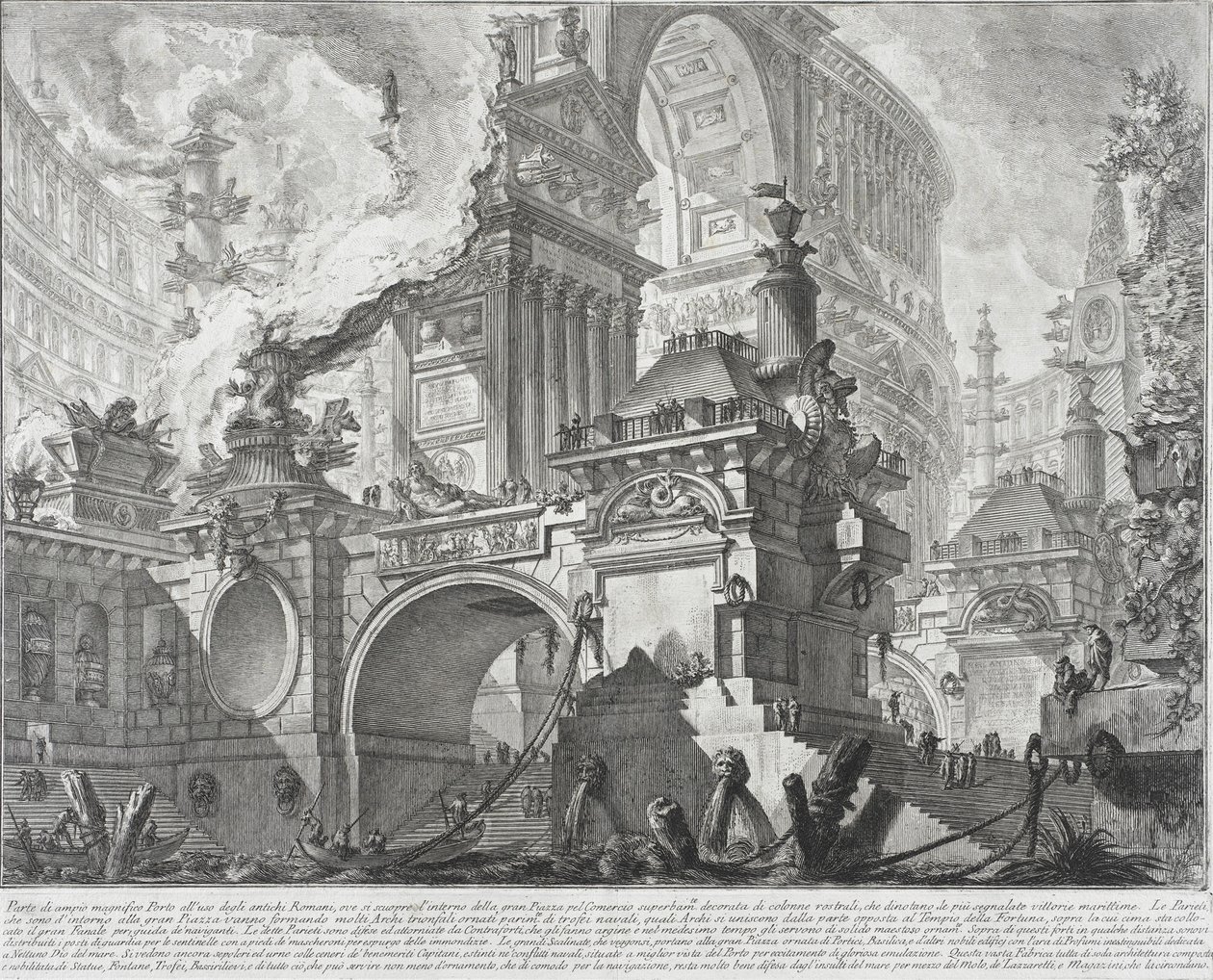 Parte de um porto espaçoso e magnífico para o uso dos antigos romanos que se abrem para uma grande praça do mercado, 1761-80 de Giovanni Battista Piranesi