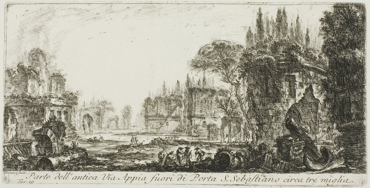 Parte da antiga Via Ápia cerca de três milhas fora da Porta S. Sebastiano, placa 19 de Algumas Vistas dos Arcos do Triunfo e outros monumentos de Giovanni Battista Piranesi