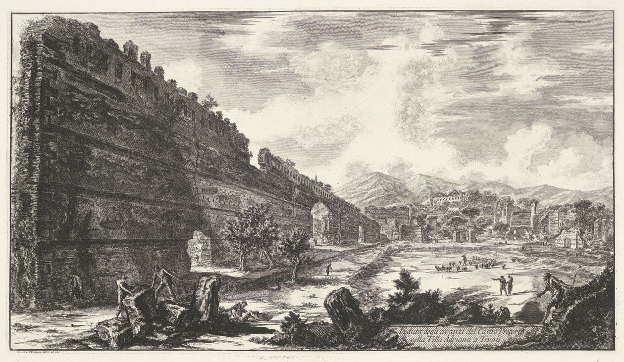 Pecile em Villa Adriana t e Tivoli Vista dos restos do Castro Pretorio na Villa Adriana em Tivoli (título no objeto) Gezichten op Rome (título da série) Vistas de Roma projetadas e gravadas pelo arquiteto Giambattista Piranesi Ve (nez) iano (título da séri de Giovanni Battista Piranesi