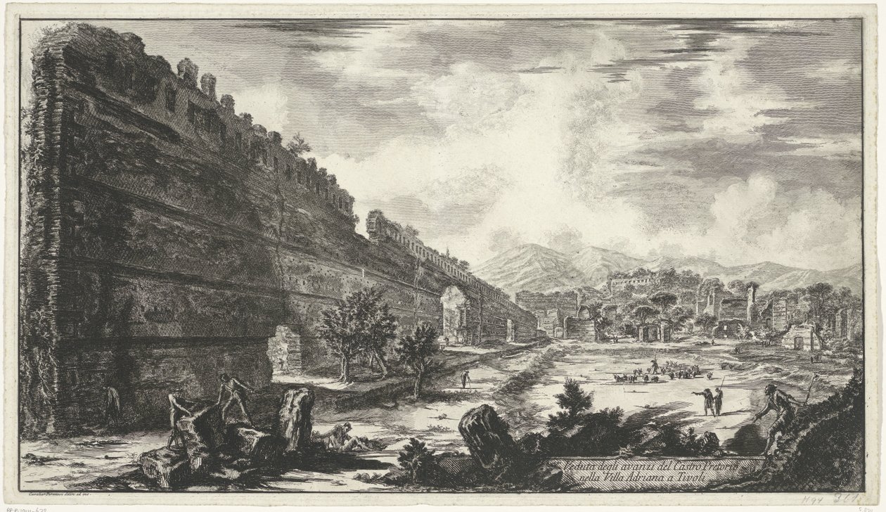 Pecile em Villa Adriana t e Tivoli Vista dos restos do Castro Pretorio na Villa Adriana em Tivoli (título no objeto) Gezichten op Rome (título da série) Vistas de Roma projetadas e gravadas pelo arquiteto Giambattista Piranesi Ve (nez) iano (título da séri de Giovanni Battista Piranesi