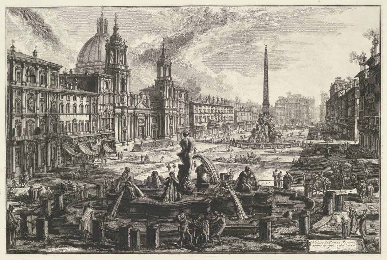 Piazza Navona te Roma
Vista da Piazza Navona sobre as ruínas do Circus Agonale (título sobre o objecto)
Gezichten op Rome (título da série)
Vistas de Roma desenhadas e gravadas pelo arquitecto Giambattista Piranesi Ve(nez)iano (título da série) de Giovanni Battista Piranesi