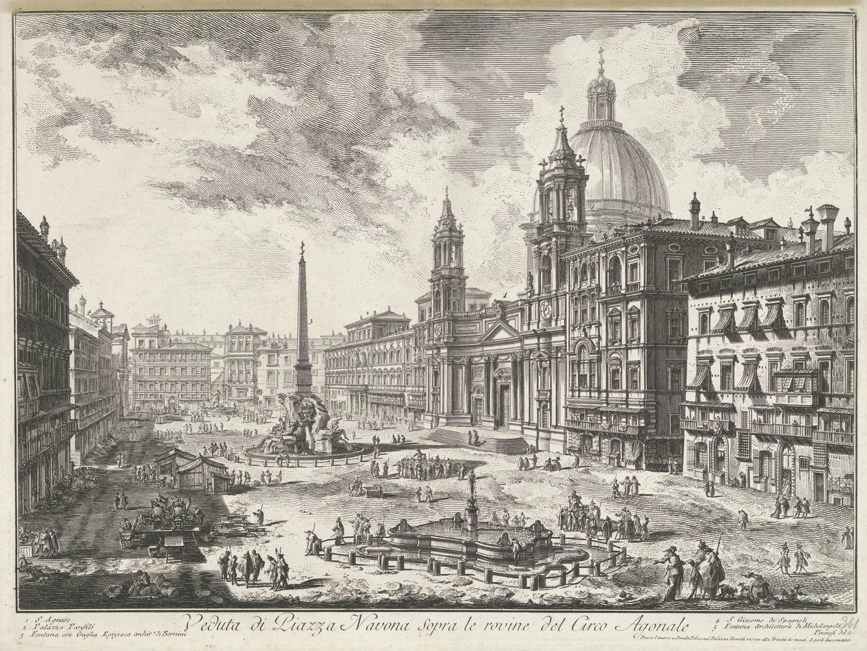 Piazza Navona te Roma
Vista da Piazza Navona sobre as ruínas do Circus Agonale (título sobre o objecto)
Gezichten op Rome (título da série)
Vistas de Roma desenhadas e gravadas pelo arquitecto Giambattista Piranesi Ve(nez)iano (título da série) de Giovanni Battista Piranesi