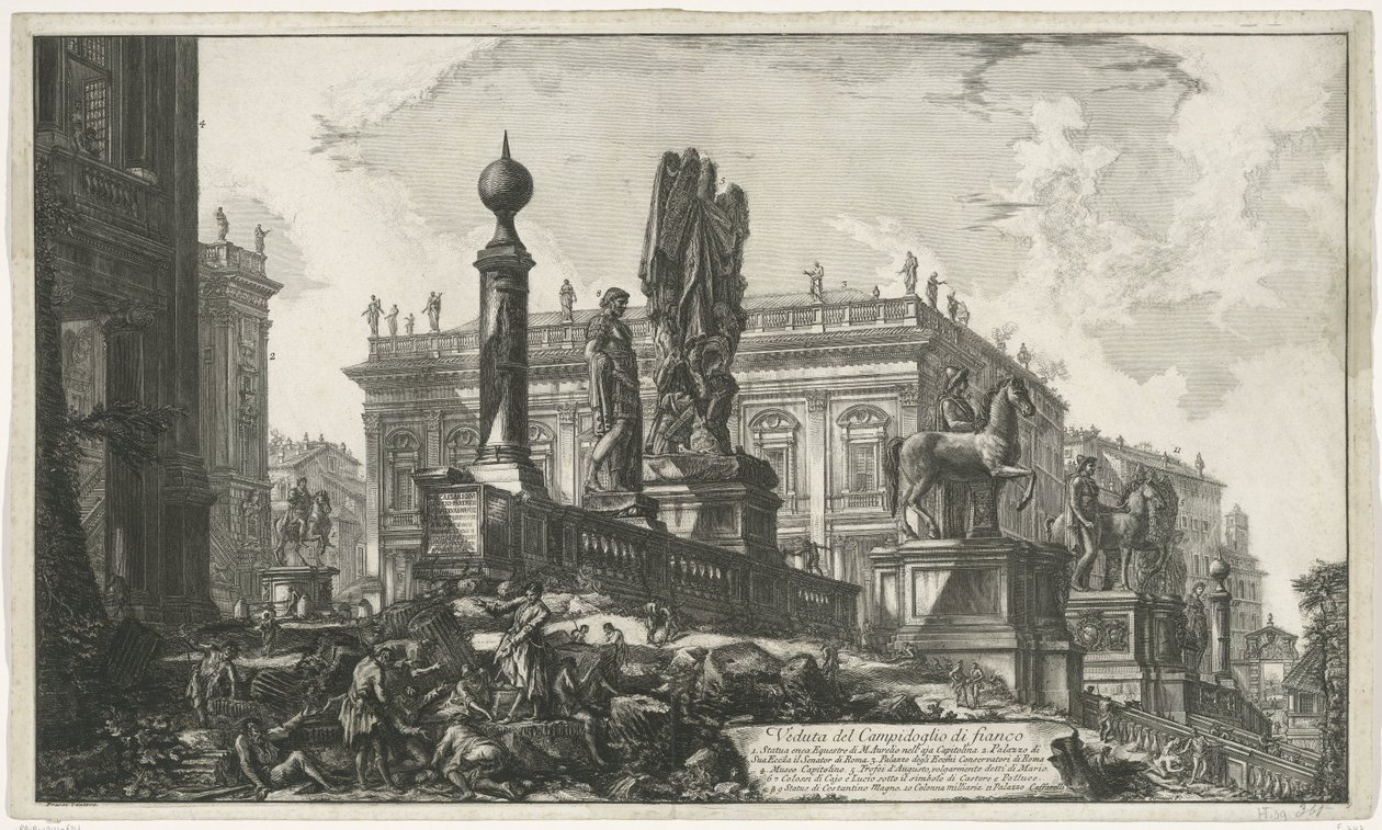 Capitol Square van links gezien
Vista do Capitólio do lado (título sobre o objecto)
Gezichten op Rome (título da série)
Vistas de Roma desenhadas e gravadas pelo arquitecto Giambattista Piranesi Ve(nez)iano (título da série) de Giovanni Battista Piranesi