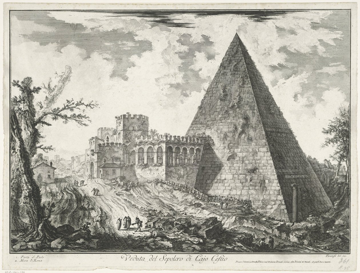 Piramide de Cestius te Roma Vista do Túmulo do Cajo Castio (título no objeto) Gezichten op Rome (título da série) Vistas de Roma projetadas e gravadas pelo arquiteto Giambattista Piranesi Ve (nez) iano (título da série) de Giovanni Battista Piranesi