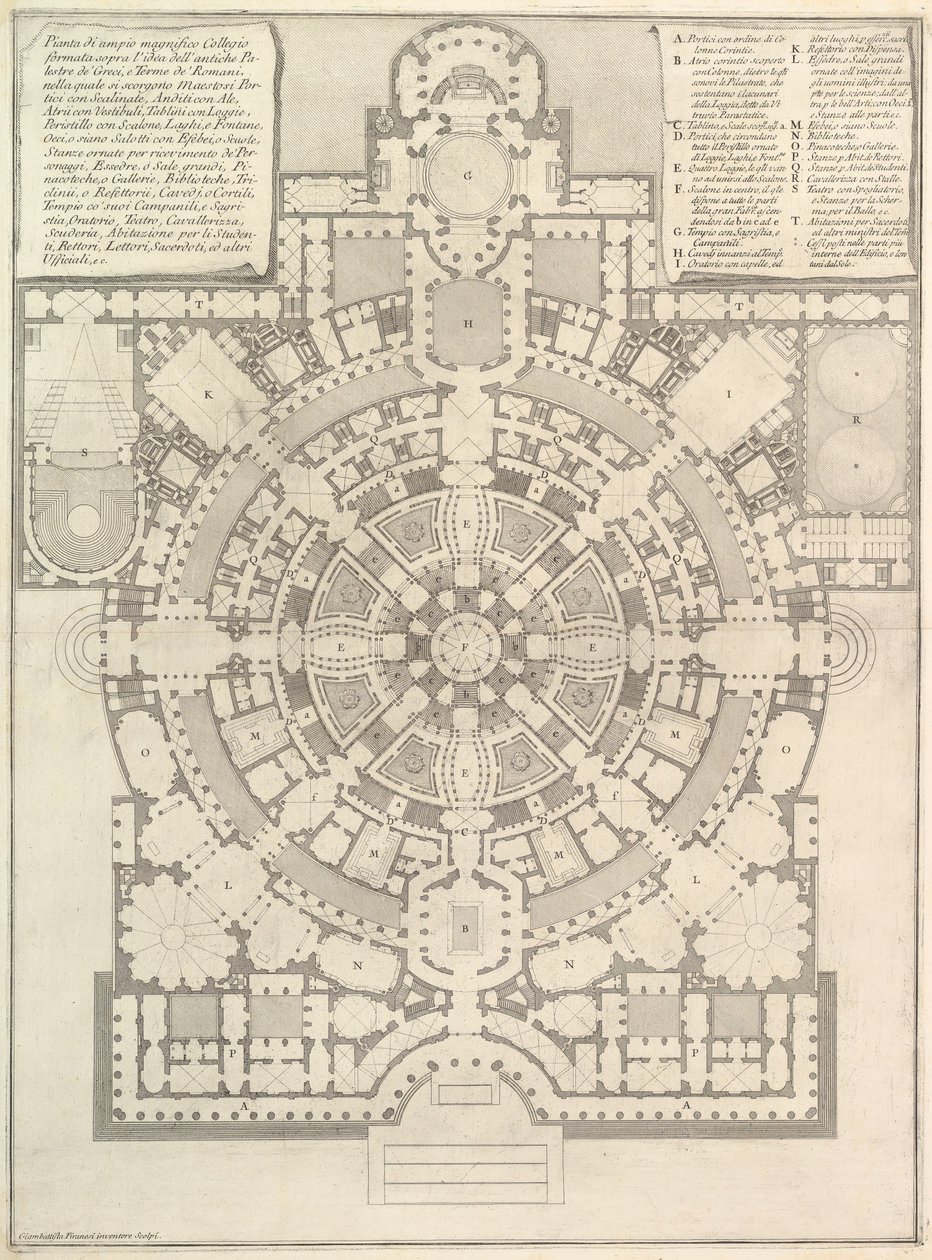 Plano de uma faculdade espaçosa e magnífica, projetada após a antiga academia de ginástica da Gree ..., 1750. de Giovanni Battista Piranesi