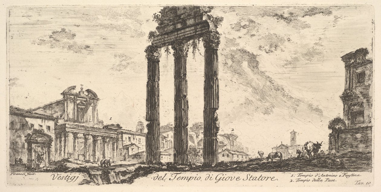 Ilustração 10: Ruínas do Templo de Júpiter Estator Júpiter, o Apoiador. 1. Templo de ..., ca. 1748 de Giovanni Battista Piranesi