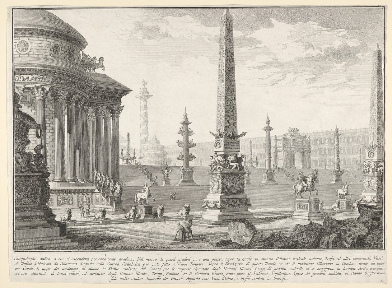 Ilustração 10: O antigo Capitólio subiu cerca de cem degraus [...] Campido ..., 1743. de Giovanni Battista Piranesi