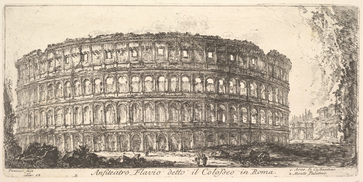 Ilustração 12: Anfiteatro Flaviano, chamado Coliseu. 1. Arco de Constantino. 2. Palat ..., ca. 1748 de Giovanni Battista Piranesi