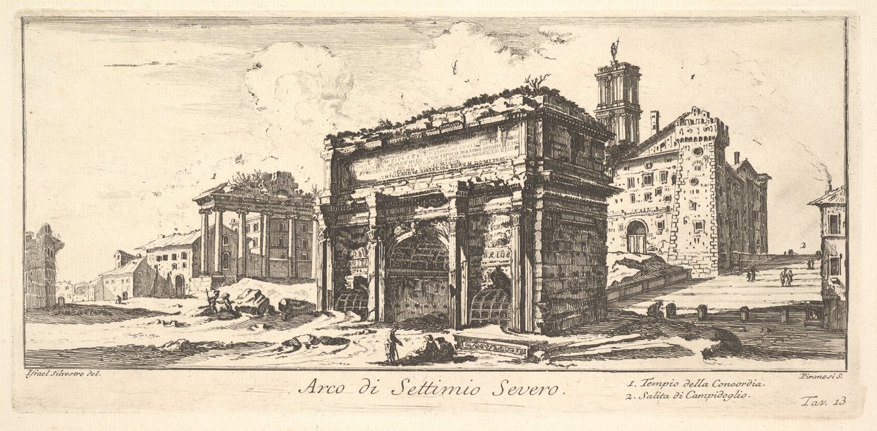 Ilustração 13: Arco de Settimius Severus 1. Templo da Concórdia. 2. Subida ao Capitólio ..., ca. 1748 de Giovanni Battista Piranesi