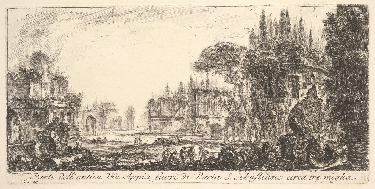 Ilustração 19: Parte da antiga Via Ápia, a cerca de cinco quilômetros de Porta S. Sebastiano ..., ca. 1748 de Giovanni Battista Piranesi