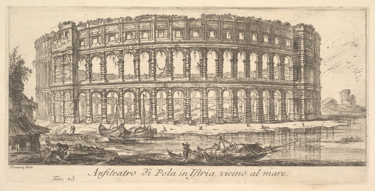 Ilustração 23: Anfiteatro de Pula em Ístria, perto do mar Anfiteatro di Pola em Ístria vi ..., ca. 1748 de Giovanni Battista Piranesi