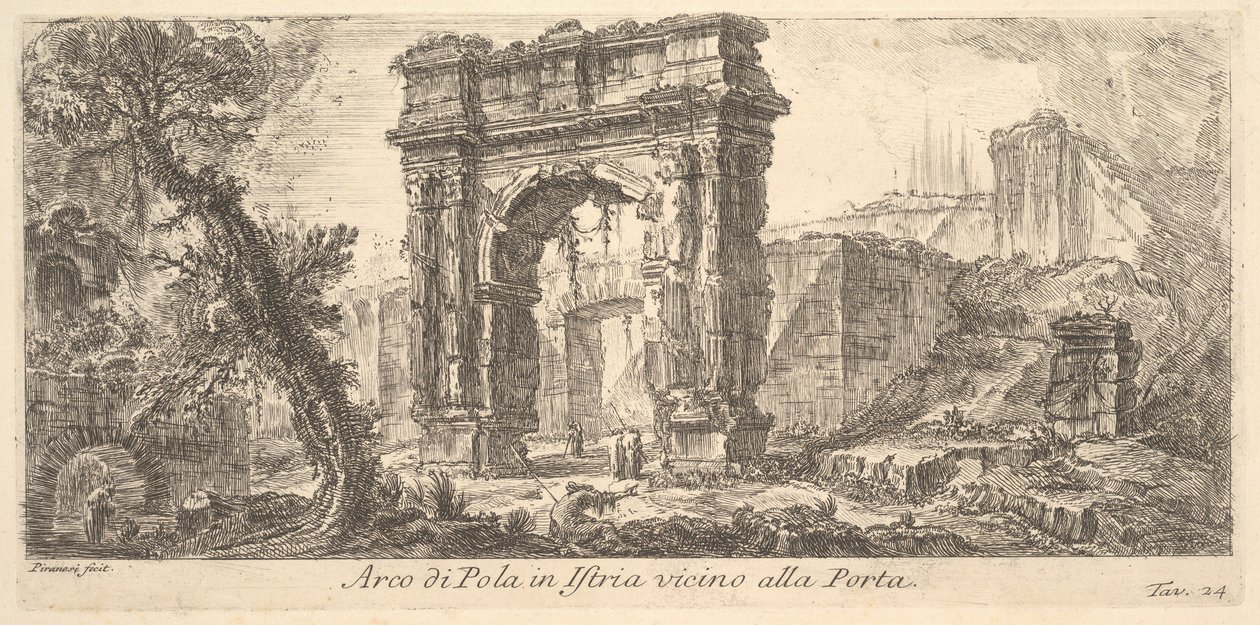 Ilustração 24: Arco de Pula em Ístria, perto do Portão Arco de Pula em Ístria, perto de Por ..., ca. 1750 de Giovanni Battista Piranesi