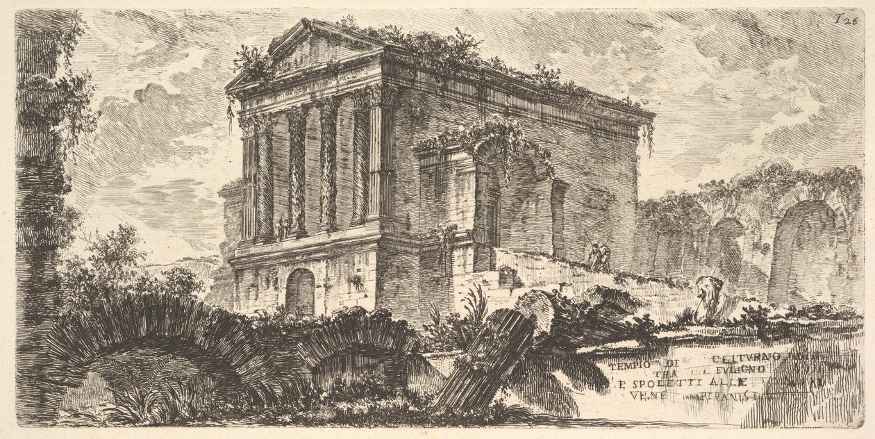 Prancha 26: Templo de Clitumnus entre Foligno e Spoleto, de «Algumas vistas de arcos triunfais e de outros monumentos erguidos pelos Romanos, parte dos quais se vê em Roma e parte em Itália» de Giovanni Battista Piranesi
