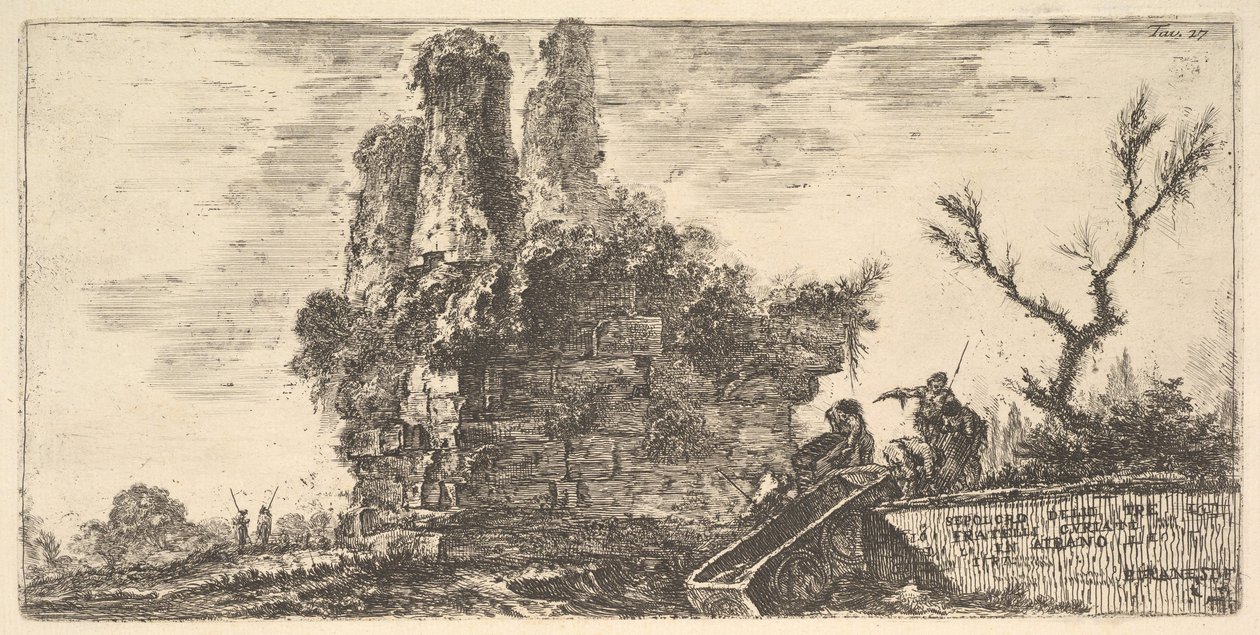 Ilustração 27: Tumba dos três irmãos Curiatii em Albano Sepulcro dos três irmãos C ..., ca. 1748 de Giovanni Battista Piranesi