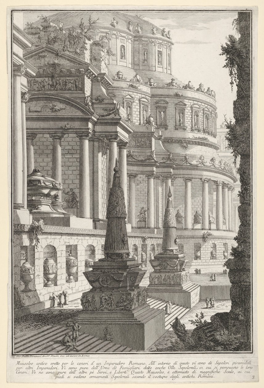 Ilustração 3: Mausoléu antigo erigido para as cinzas de um imperador romano Mausoleo antico ere ..., 1743. de Giovanni Battista Piranesi