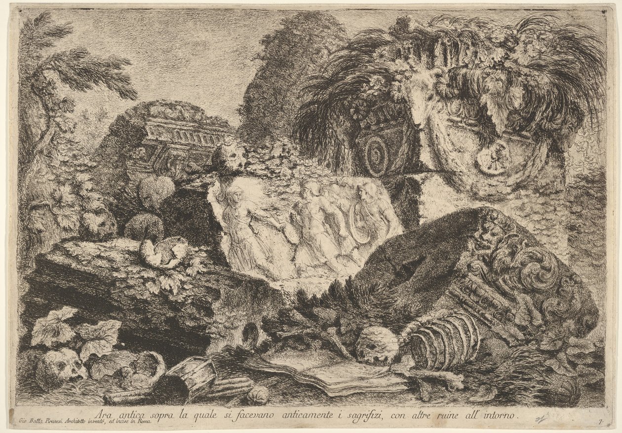 Ilustração 7: Altar antigo no qual sacrifícios eram realizados na antiguidade, cercados por outros ..., 1743. de Giovanni Battista Piranesi