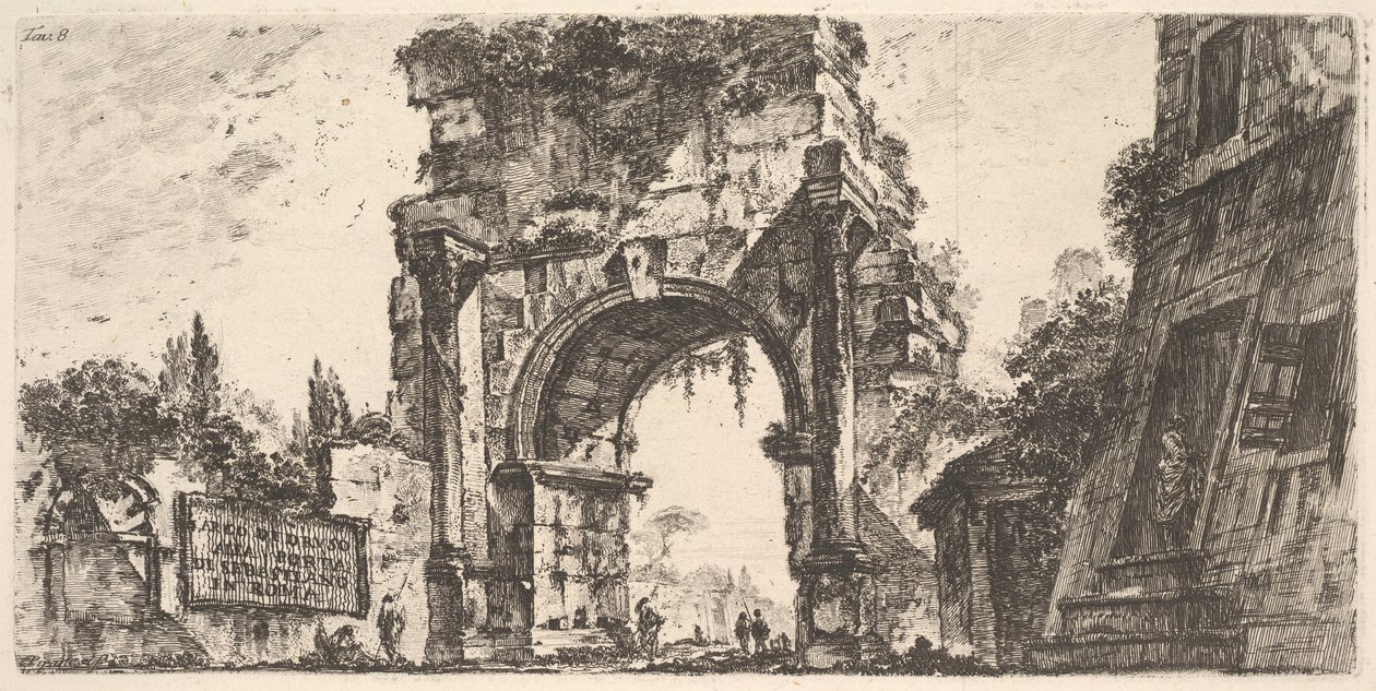 Ilustração 8: Arco de Drusus na Porta S. Sebastiano em Roma Arco de Drusus na Porta d ..., ca. 1748 de Giovanni Battista Piranesi