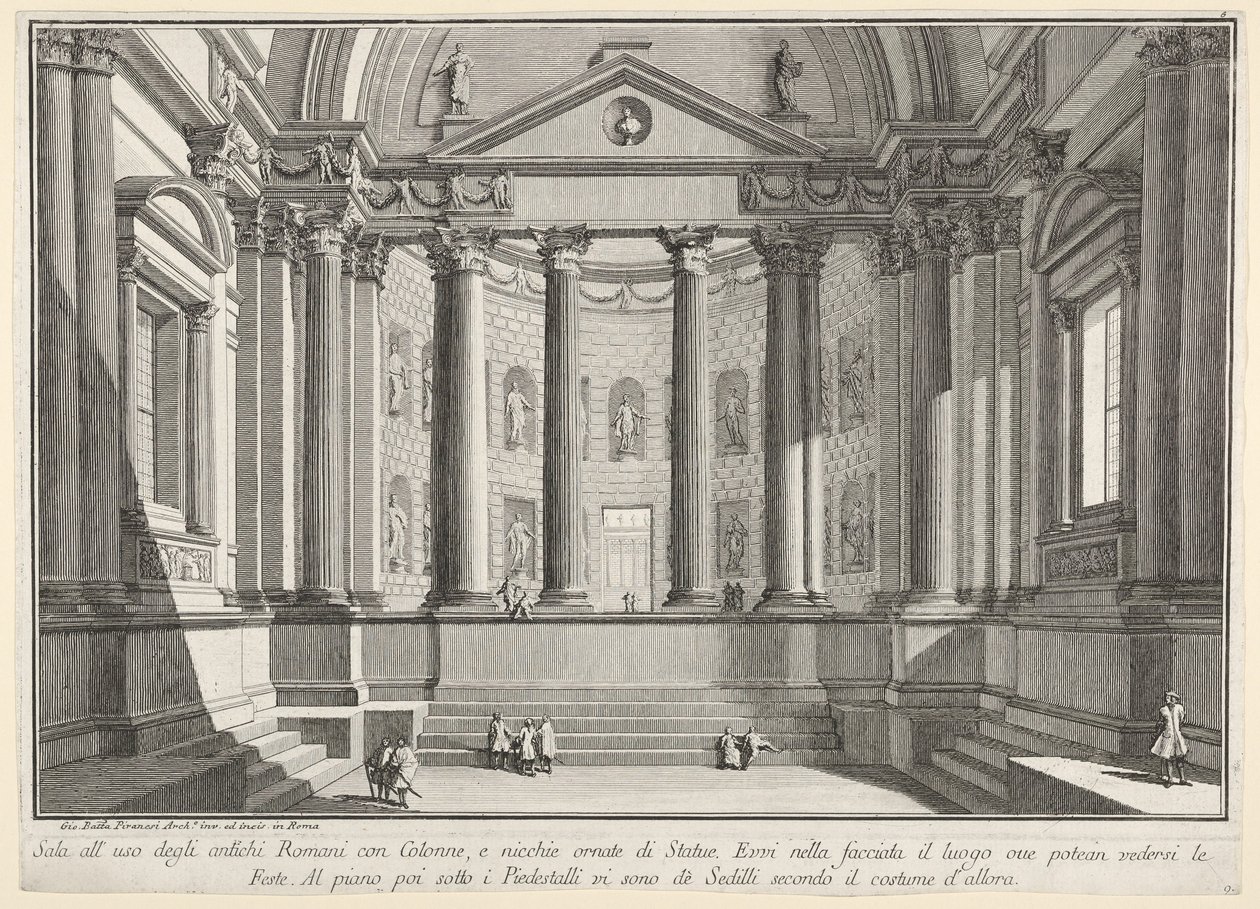 Prancha 9: Sala com colunas segundo o costume dos antigos romanos (...), de «Primeira parte de arquitecturas e perspectivas: desenhada e gravada por Gio. Batt