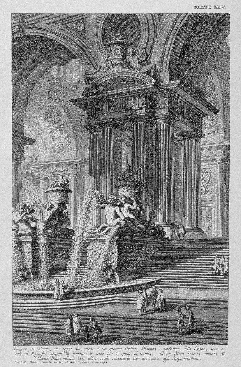 Placa LXV Capricho arquitetônico de um grupo monumental de colunas sustentando dois arcos de um grande pátio com magníficas fontes ornamentadas com estátuas e baixos-relevos datados de 1743 de Vedute, de Giovanni Battista Piranesi