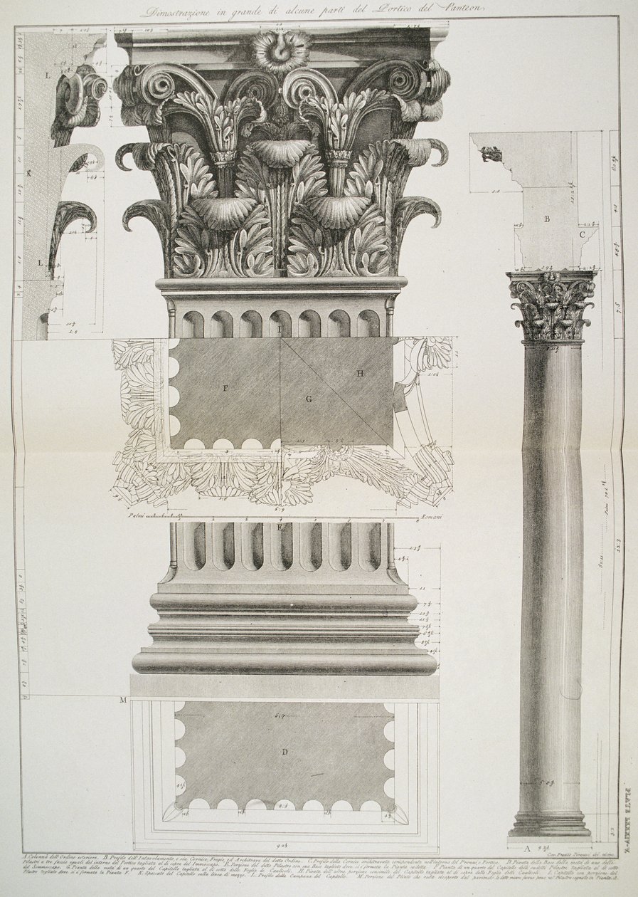 Placa LXXXIV-V Demonstração em grande escala de parte do Pórtico do Panteão de &39;Vedute&39;, publicado pela primeira vez em 1756, pub. por E und FN Spon Ltd., 1900 de Giovanni Battista Piranesi