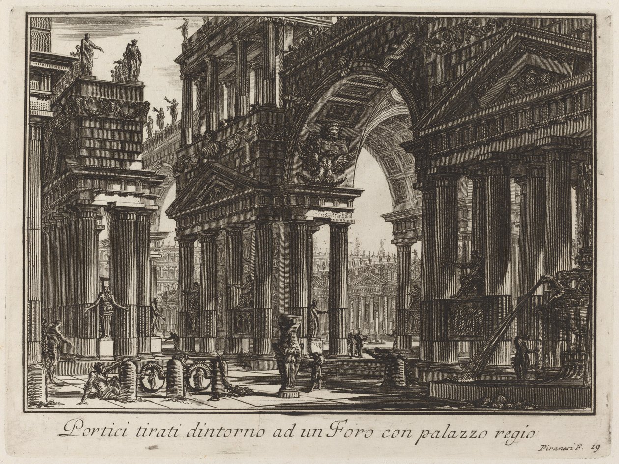 Pórticos desenhados em torno de um Fórum com um palácio real de Giovanni Battista Piranesi