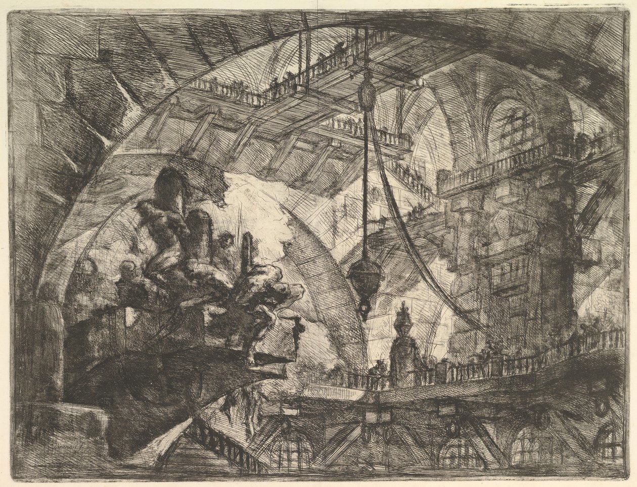 Prisioneiros em uma plataforma de projeção, da Carceri dinvenzione Imaginary Prisons, ca. 1749-50. de Giovanni Battista Piranesi