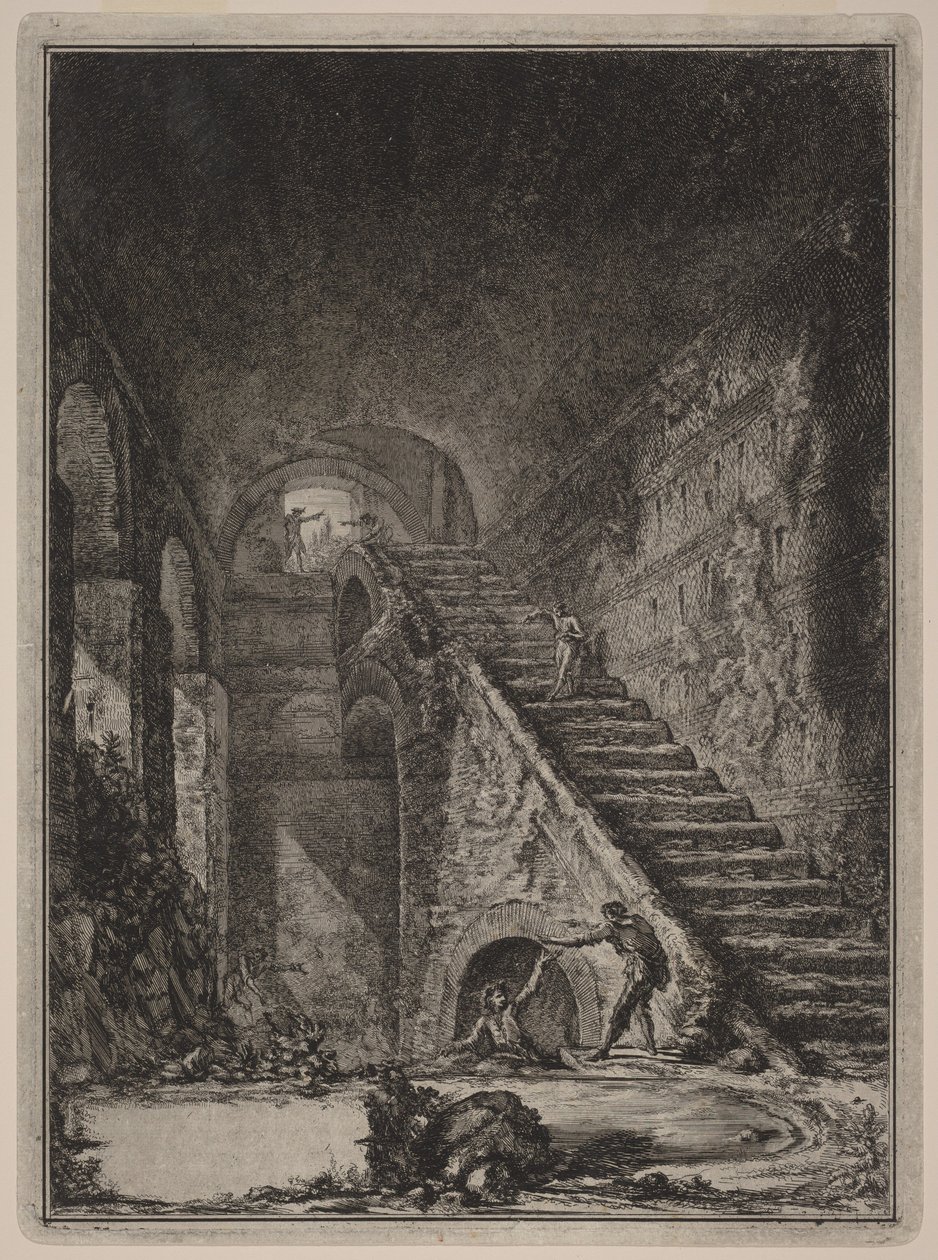Perspectiva da escada do reservatório de água dos alojamentos já mencionados, assinalados em planta na prancha XIII com a letra G. de Giovanni Battista Piranesi