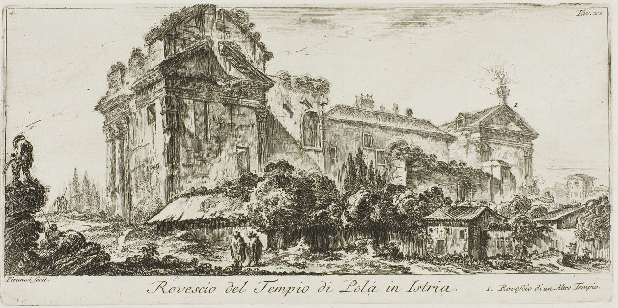 Vista traseira do Templo de Pola na Ístria. 1. Vista traseira de outro templo, placa 22 de Algumas Vistas dos Arcos do Triunfo e outros Monumentos de Giovanni Battista Piranesi