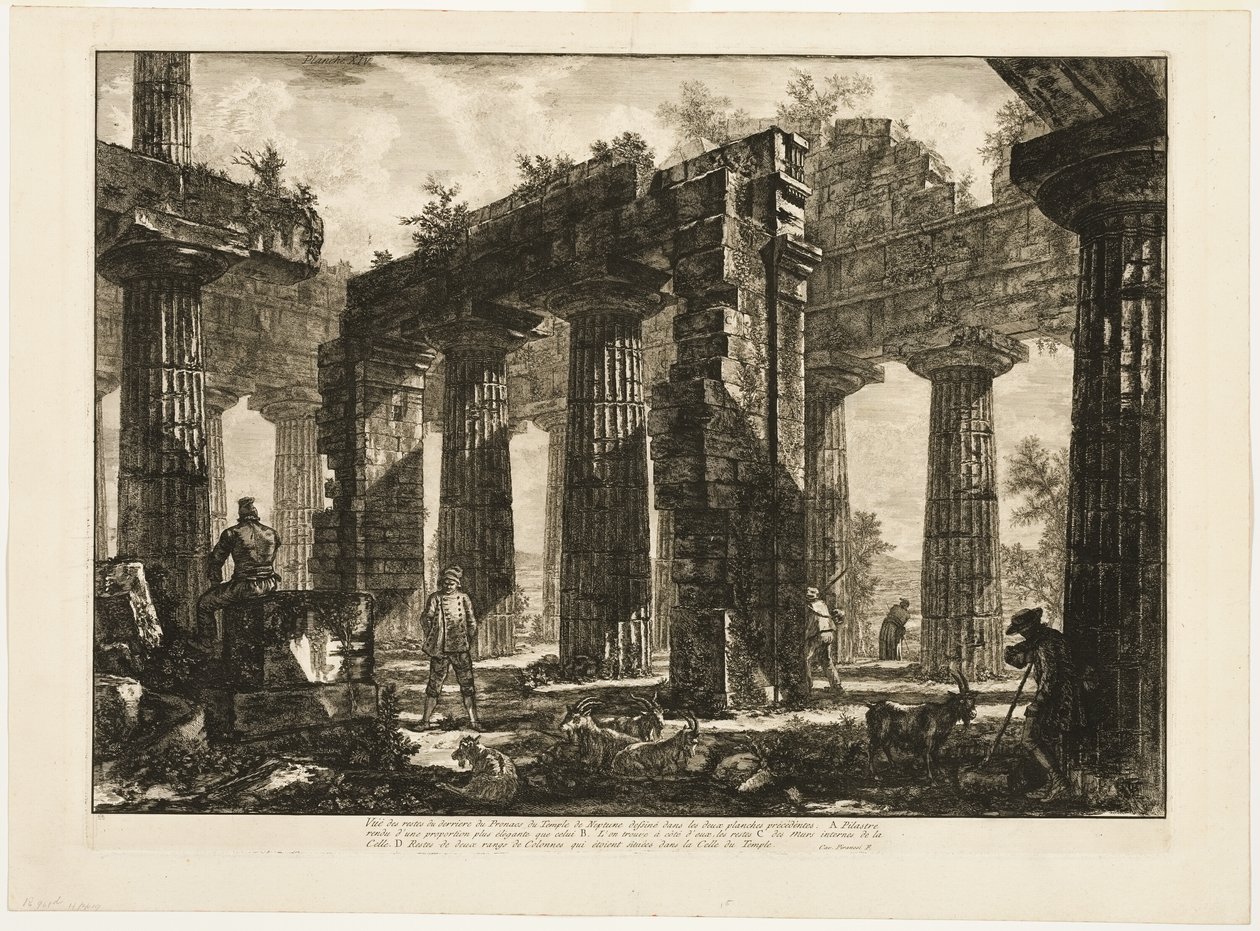 Vista traseira dos restos dos pronaos do Templo de Netuno, desenhados nas duas placas anteriores, de Diferentes vistas de Paestum de Giovanni Battista Piranesi