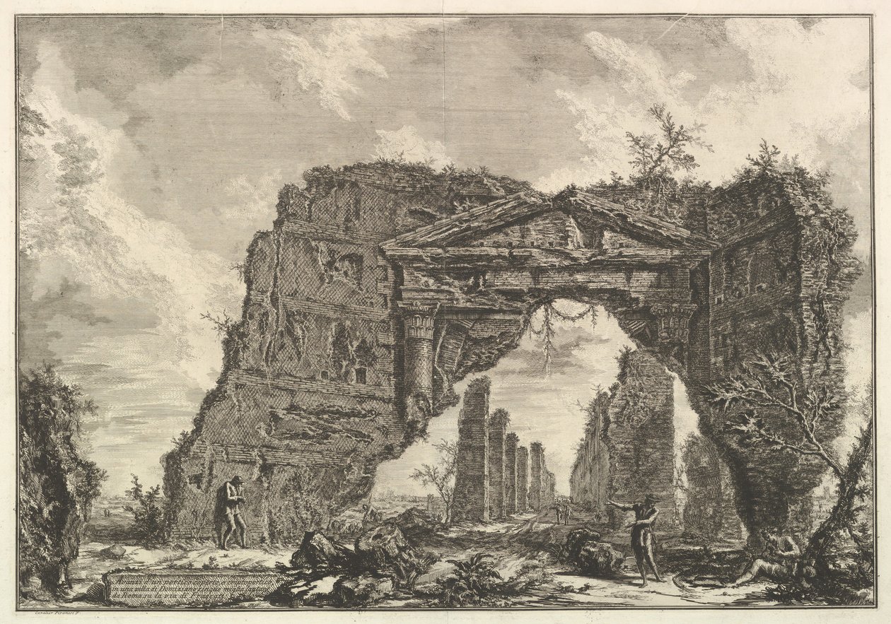 Restos de um pórtico coberto, ou um cryptoportiucus, em uma vila de Domiciano, 8 km ..., ca. 1766 de Giovanni Battista Piranesi