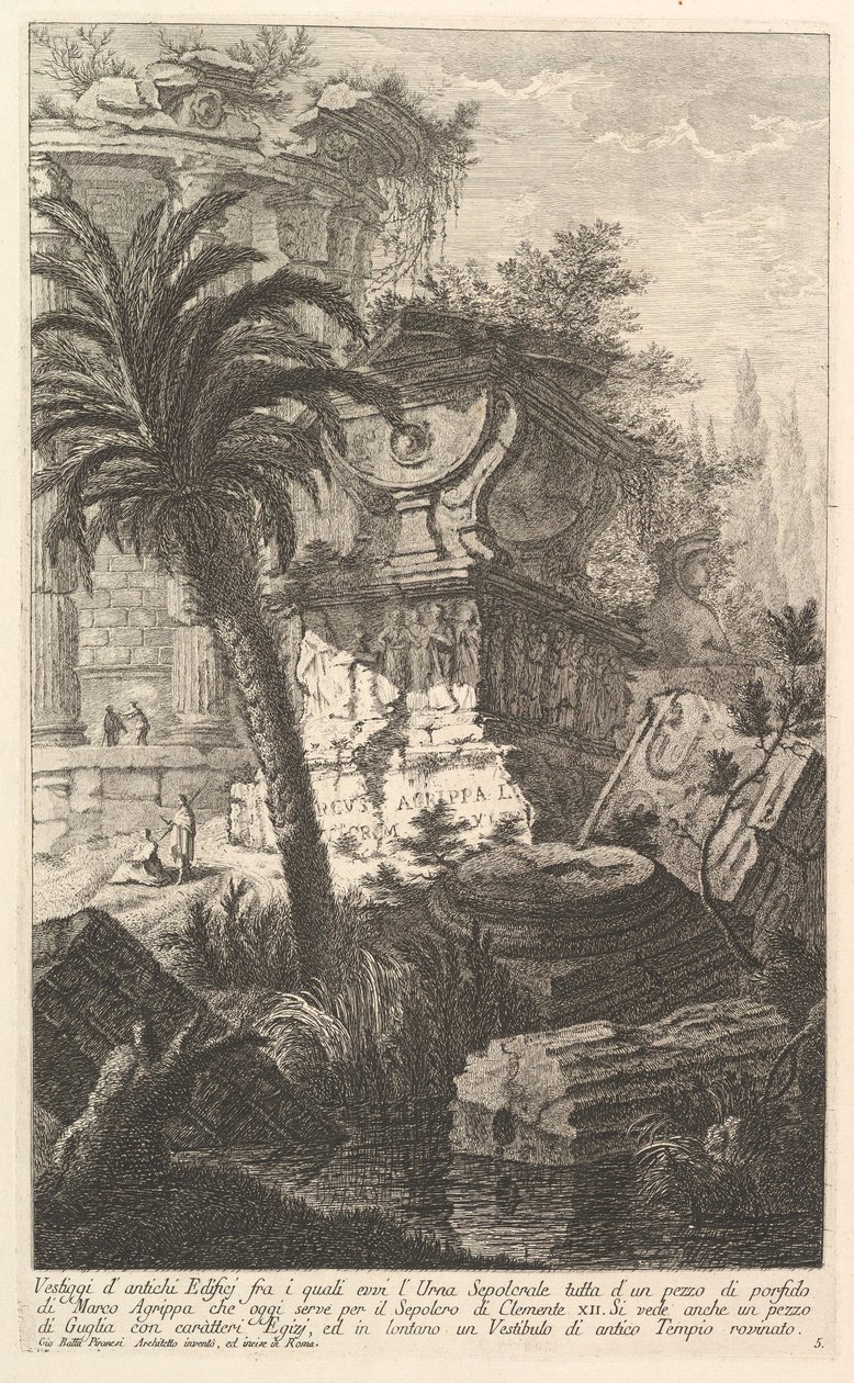 Restos de buldings antigos, entre os quais a urna sepulcral de Marcus Agrippa ma ..., ca. 1750 de Giovanni Battista Piranesi