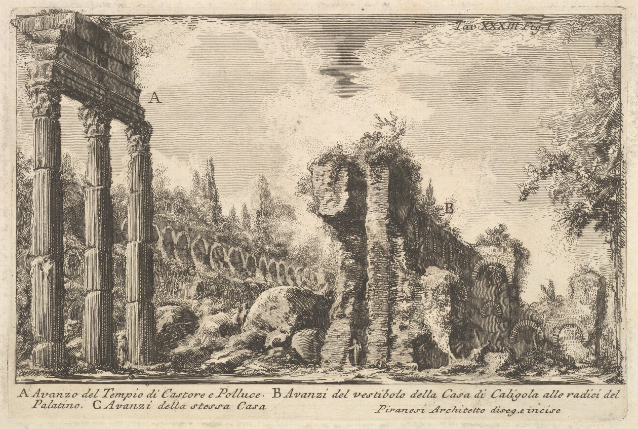 Restos do Templo de Castor e Pólux. . . Avanzo del Tempio di Castore e ..., século XVIII. de Giovanni Battista Piranesi